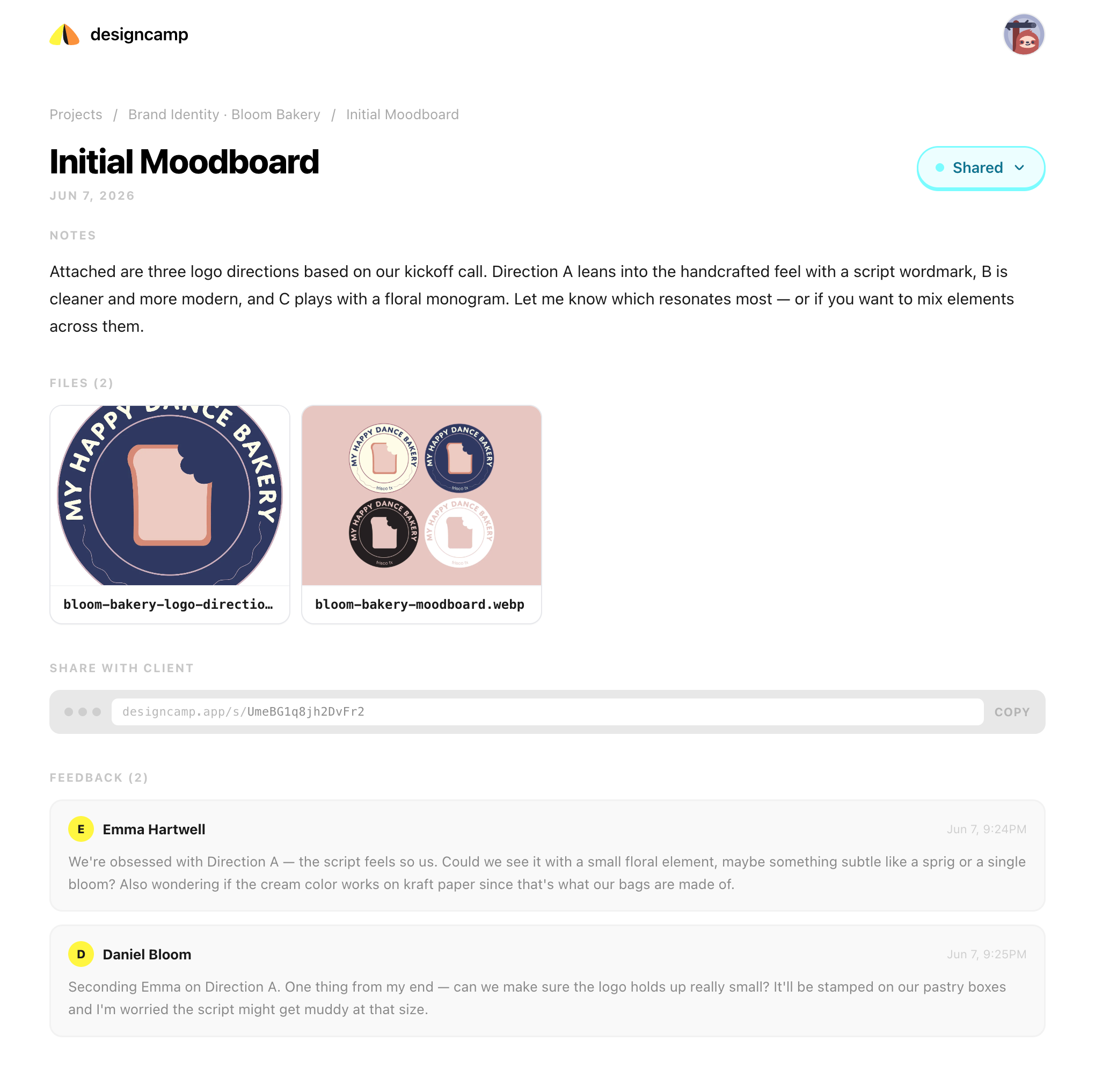 Designcamp — project moodboard with client feedback thread